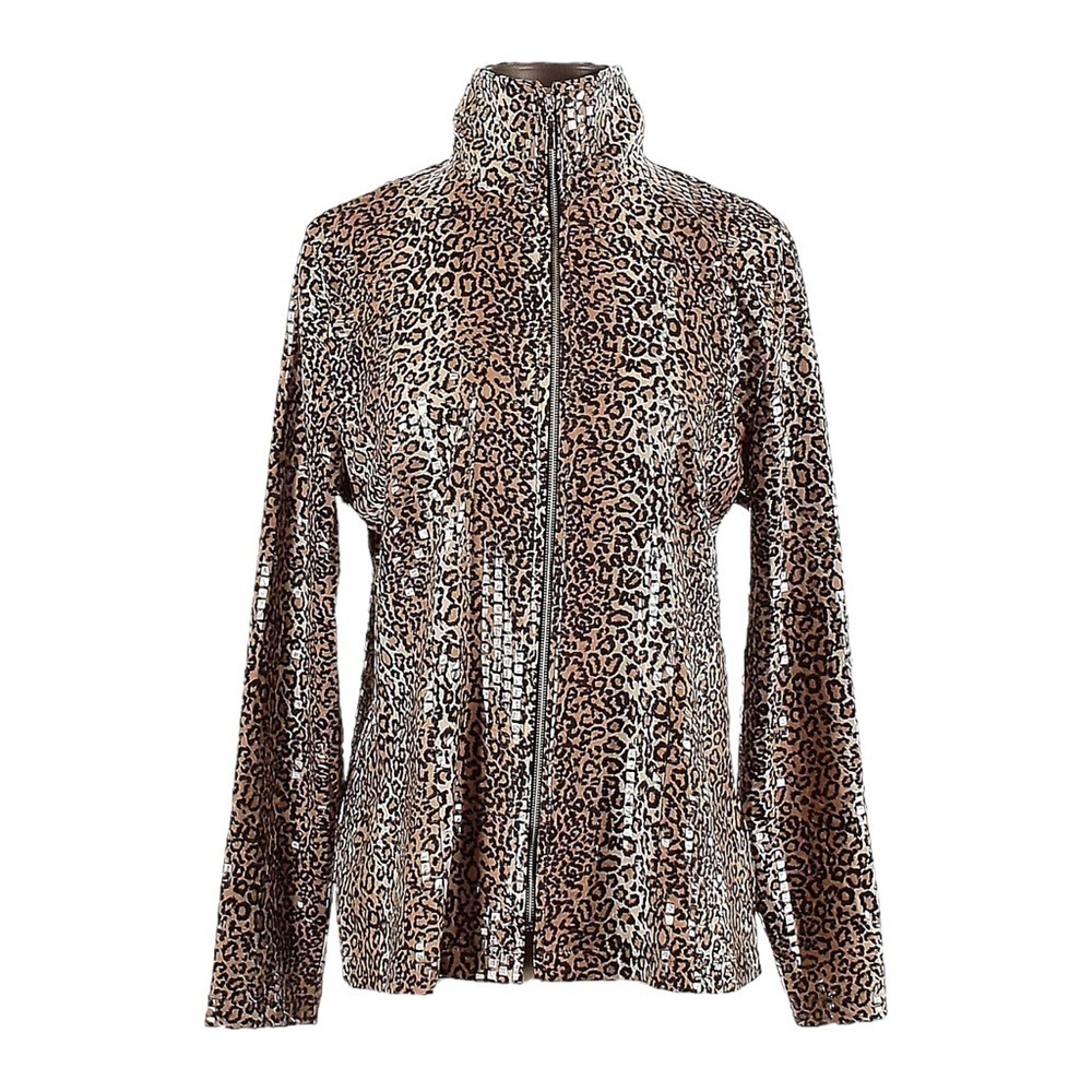 Misook Leopard Sequin Zip Jacket S Animal Print Mock Neck Stretch Full Zip Brown